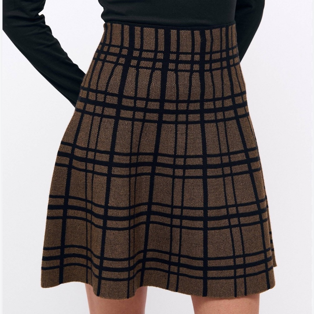 Max Studio Checkered Skater Skirt in Brown and Black - Picture 1 of 8